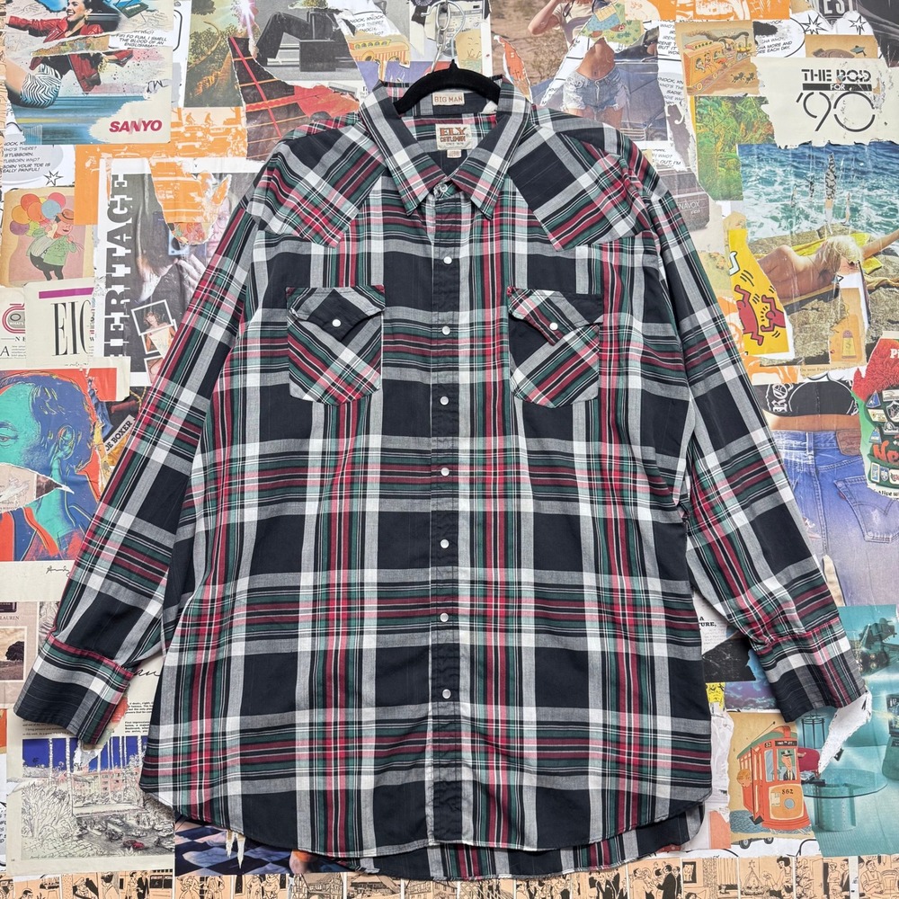 Ely Cattleman Western Plaid Pearl Snap Shirt‎ Mens 3X Big Long Sleeve Black